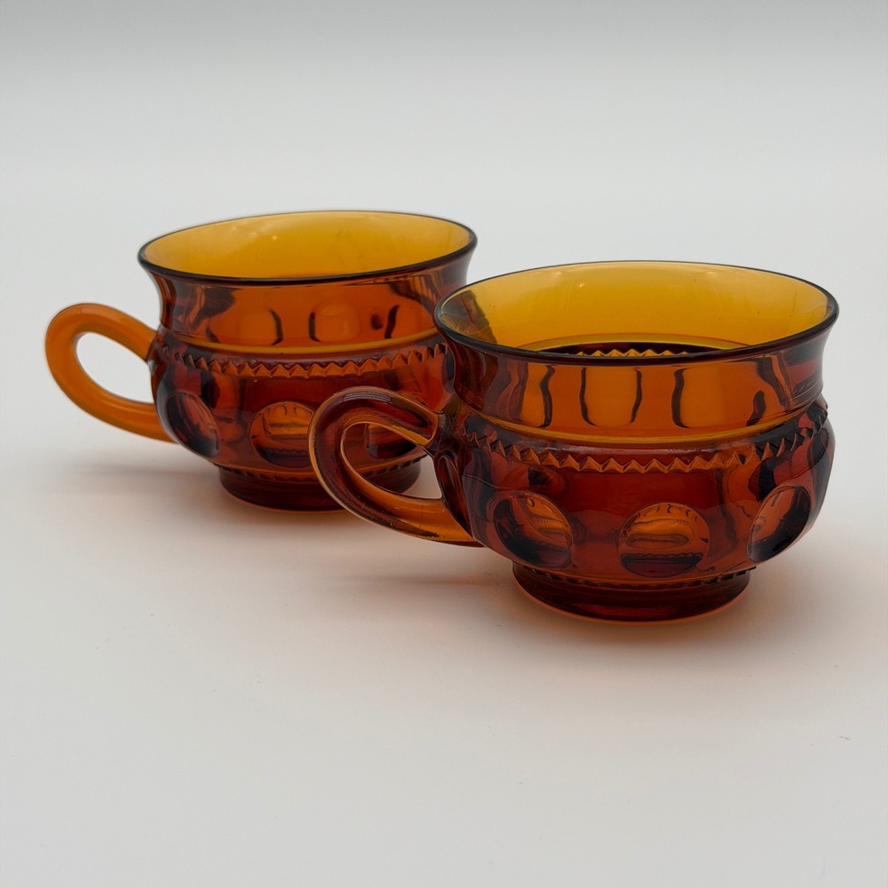 Vintage Indiana Glass Tiara Amber Kings Crown Thumbprint Punch Cups Set of 2